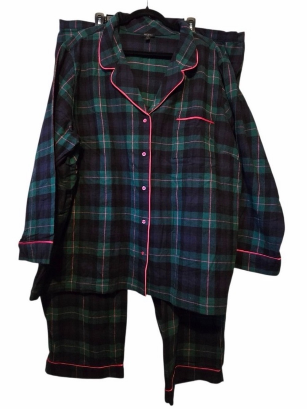 Talbots Green & Navy Plaid Pajama Set with Pink Piping